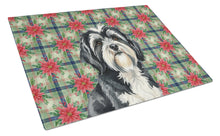 Load image into Gallery viewer, Black and White Tibetan Terrier Christmas PoinsettIas Glass Cutting Board