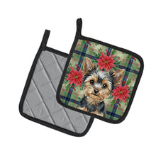 Load image into Gallery viewer, Black and Tan Yorkshire Terrier Christmas PoinsettIas Pair of Pot Holders