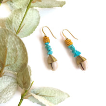 Load image into Gallery viewer, Wagnerite Turquoise Cowrie Shell Earrings