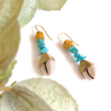 Load image into Gallery viewer, Wagnerite Turquoise Cowrie Shell Earrings