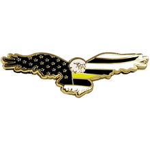 Load image into Gallery viewer, PBX-006-E Bald Eagle Thin Yellow Line 911 Emergency Dispatcher American Flag Cloisonné pin with dual pin posts Gold Line Trucker