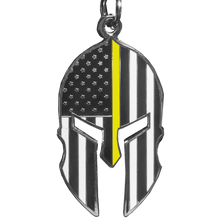 Load image into Gallery viewer, GHKB-1E Gladiator Police Dispatcher Thin Yellow Line Flag Spartan Helmet Trucker Keychain 911 Emergency