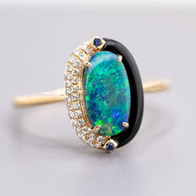 Load image into Gallery viewer, Yin-Yang Black Opal Diamond Sapphire Engagement Ring 18K Yellow Gold