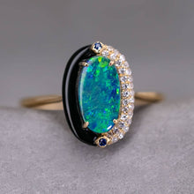 Load image into Gallery viewer, Yin-Yang Black Opal Diamond Sapphire Engagement Ring 18K Yellow Gold