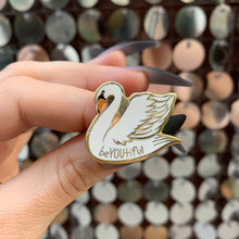 Load image into Gallery viewer, You Are Naturally Beautiful When You Are Yourself Swan Enamel Pin in White and Gold
