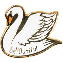 Load image into Gallery viewer, You Are Naturally Beautiful When You Are Yourself Swan Enamel Pin in White and Gold