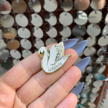 Load image into Gallery viewer, You Are Naturally Beautiful When You Are Yourself Swan Enamel Pin in White and Gold