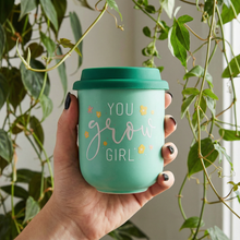 Load image into Gallery viewer, You Grow Girl Ceramic To Go Mug | Holds 16 oz. | Eco Mug with Silicone Lid and Sleeve
