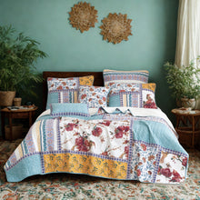 Load image into Gallery viewer, Tache Old World Garden Pastel Blue Yellow Red Hummingbirds Cotton Patchwork Quilt Set (JHW-936)