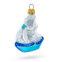 Load image into Gallery viewer, Sailing Ship with White Sails and Blue Hull Glass Christmas Ornament