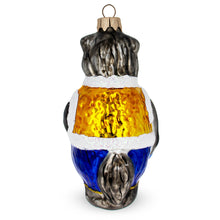 Load image into Gallery viewer, Gray Wolf Wearing Blue Pants and Gold Vest Glass Christmas Ornament