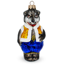 Load image into Gallery viewer, Gray Wolf Wearing Blue Pants and Gold Vest Glass Christmas Ornament