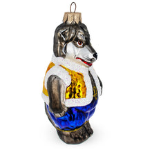 Load image into Gallery viewer, Gray Wolf Wearing Blue Pants and Gold Vest Glass Christmas Ornament