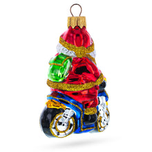 Load image into Gallery viewer, Santa on Motorcycle with Green Backpack Glass Christmas Ornament