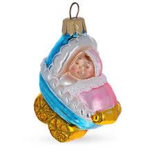 Load image into Gallery viewer, Newborn Baby Girl Wrapped in Blanket Inside a Stroller Glass Christmas Ornament