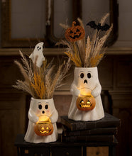 Load image into Gallery viewer, Scaredy Boo With Pumpkin Bucket Paper Mache