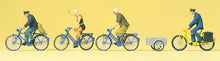 Load image into Gallery viewer, Preiser 10507 HO Scale Sports &amp; Recreation -- Cyclists w/Bicycle Trailer pkg(4)
