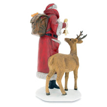 Load image into Gallery viewer, Santa Holding Christmas Tree and Bell by Reindeer Figurine 12 Inches