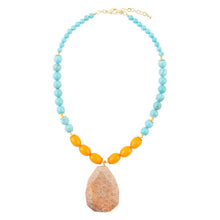 Load image into Gallery viewer, Apricot Fossil Blue Magnesite Golden Pendant Necklace