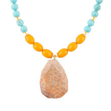 Load image into Gallery viewer, Apricot Fossil Blue Magnesite Golden Pendant Necklace