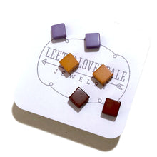 Load image into Gallery viewer, Purple Mustard &amp; Chocolate Minimalist Mod Square Stud Earrings Set