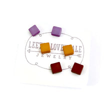 Load image into Gallery viewer, Purple Mustard &amp; Chocolate Minimalist Mod Square Stud Earrings Set