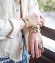 Load image into Gallery viewer, Arrows Blue Turquoise and Orange Spiny Oyster Matrix Golden Cuff Bracelet