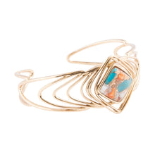 Load image into Gallery viewer, Arrows Blue Turquoise and Orange Spiny Oyster Matrix Golden Cuff Bracelet