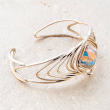 Load image into Gallery viewer, Arrows Blue Turquoise and Orange Spiny Oyster Matrix Golden Cuff Bracelet