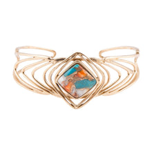 Load image into Gallery viewer, Arrows Blue Turquoise and Orange Spiny Oyster Matrix Golden Cuff Bracelet