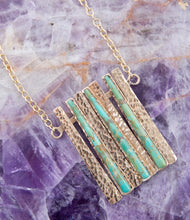 Load image into Gallery viewer, Aztec Blue Turquoise and Golden Bronze Fan Necklace