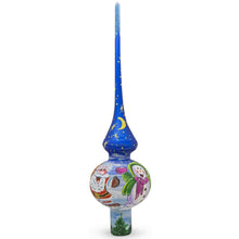 Load image into Gallery viewer, Santa and Snowman on Blue Glass Christmas Tree Topper 11 Inches