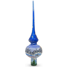 Load image into Gallery viewer, Santa and Snowman on Blue Glass Christmas Tree Topper 11 Inches
