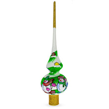 Load image into Gallery viewer, Snowmen on White Glass Christmas Tree Topper 11 Inches