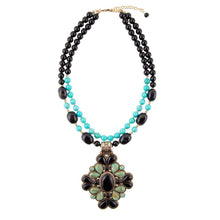 Load image into Gallery viewer, Barcelona Blue Turquoise and Black Onyx Golden Statement Necklace