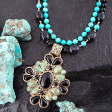 Load image into Gallery viewer, Barcelona Blue Turquoise and Black Onyx Golden Statement Necklace