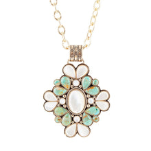 Load image into Gallery viewer, Barcelona Blue Turquoise and Mother of Pearl Golden Statement Necklace
