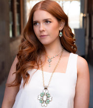 Load image into Gallery viewer, Barcelona Blue Turquoise and Mother of Pearl Golden Statement Necklace