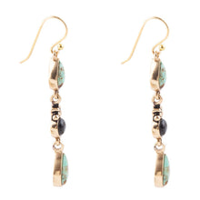Load image into Gallery viewer, Barcelona Blue Turquoise and Black Onyx Linear Drop Golden Earrings