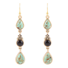 Load image into Gallery viewer, Barcelona Blue Turquoise and Black Onyx Linear Drop Golden Earrings