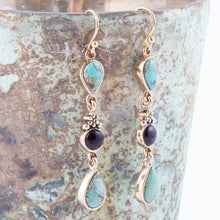 Load image into Gallery viewer, Barcelona Blue Turquoise and Black Onyx Linear Drop Golden Earrings