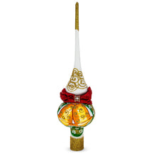 Load image into Gallery viewer, Bow and Bells on White Glass Christmas Tree Topper 11 Inches
