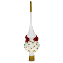 Load image into Gallery viewer, Bow and Bells on White Glass Christmas Tree Topper 11 Inches