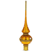 Load image into Gallery viewer, Golden Jewels and White Pearls on Gold Glass Christmas Tree Topper 11 Inches
