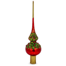 Load image into Gallery viewer, Red Pearls and Poinsettia Flowers on Glossy Red Glass Christmas Tree Topper 11 Inches