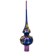 Load image into Gallery viewer, Purple Jewels and Golden Leaves on Blue Glass Christmas Tree Topper 11 Inches