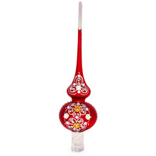 Load image into Gallery viewer, Golden Flowers and Silver Swirls on Red Glass Christmas Tree Topper 11 Inches