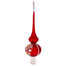 Load image into Gallery viewer, Golden Flowers and Silver Swirls on Red Glass Christmas Tree Topper 11 Inches