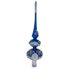 Load image into Gallery viewer, Pearls and Twisted Rope on Double Ball Blue Glass Christmas Tree Topper 12.5 Inches