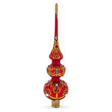 Load image into Gallery viewer, White and Red Jewels with Golden Trellis on Red Glass Christmas Tree Topper 12.5 Inches